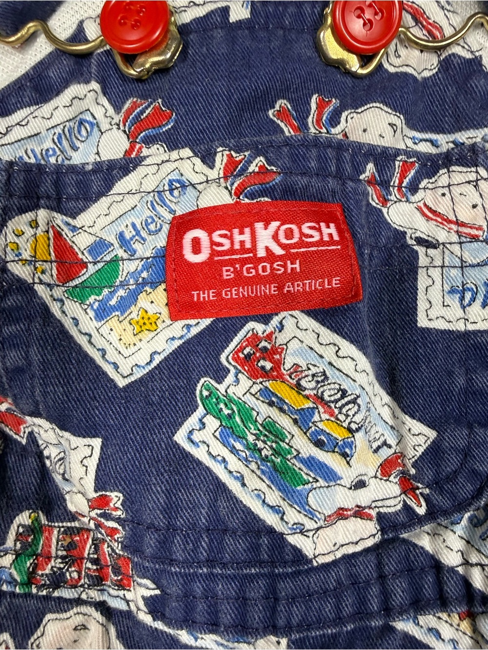 Vintage OshKosh B'gosh Navy Travel Stamp Printed Overalls - Picture 3 of 9